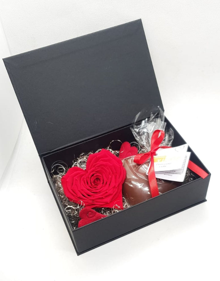 Rosa Stabilizzata Rossa con Cioccolato Misto disponibile in Cofanetto