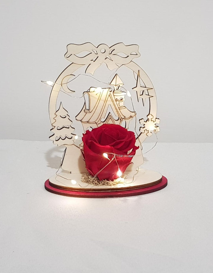 Rosa Stabilizzata Rossa con intaglio in legno - Casetta