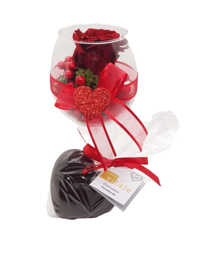 Rosa Stabilizzata Rossa in Calice di Vetro con Cuore di Cioccolato
