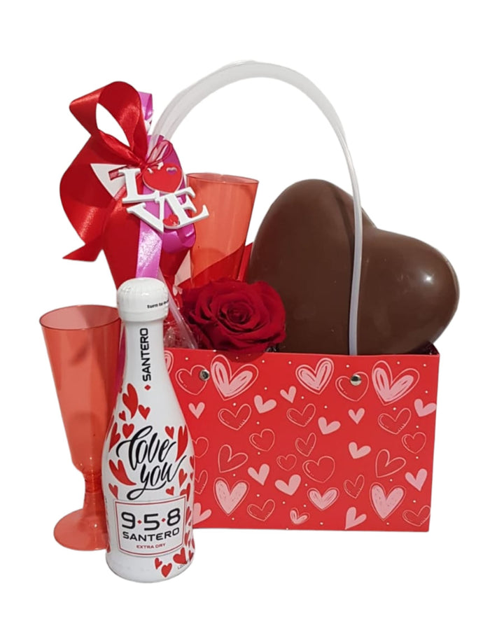 Santero's Bag con Maxi Cuore di Cioccolato e Rosa Stabilizzata